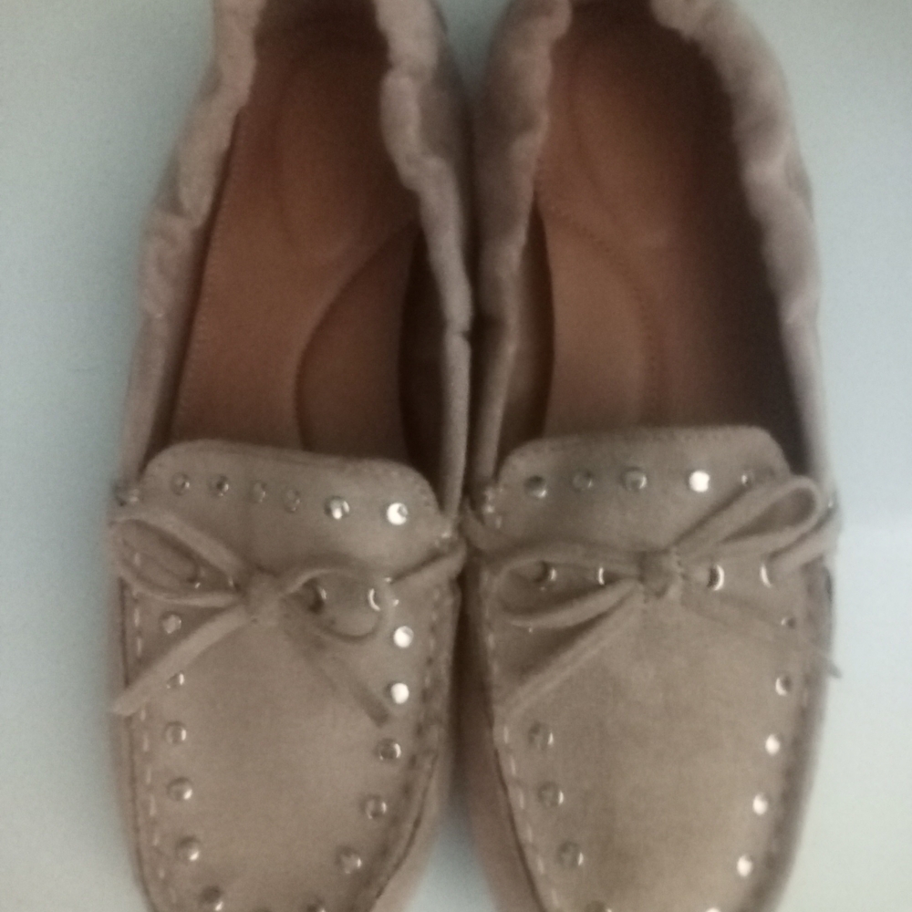 Time and Tru Taupe Suede Moccasin Loafers with Stud Detail